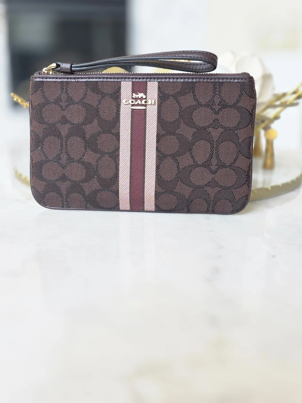 COACH Dempsey Large Corner Zip Wristlet Signature Jacquard Stripe